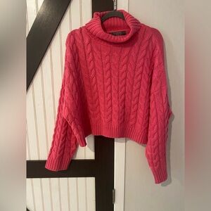 Primark Womens Turtleneck Sweater sz L Pink Cable Knit Long Sleeve  Cropped